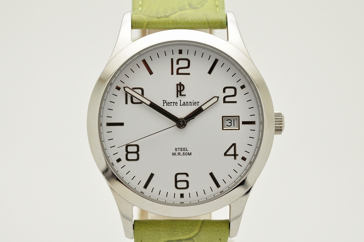ピエールラニエ Pierrelannier Made In France フランス製 メンズ腕時計 クォーツ 黄緑 グリーン 純正ベルト付 50m防水 白 ホワイト 3針 カレンダー 売買されたオークション情報 Yahooの商品情報をアーカイブ公開 オークファン Aucfan Com