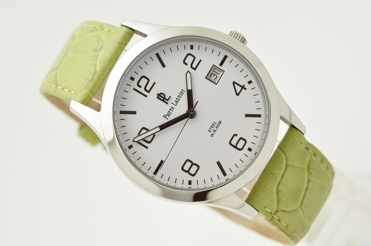 ピエールラニエ Pierrelannier Made In France フランス製 メンズ腕時計 クォーツ 黄緑 グリーン 純正ベルト付 50m防水 白 ホワイト 3針 カレンダー 売買されたオークション情報 Yahooの商品情報をアーカイブ公開 オークファン Aucfan Com