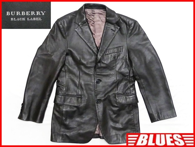 即決★BURBERRY BLACK LABEL★メンズM レザーテーラードジャケット バーバリーブラックレーベル 焦茶 本革 スーツ 本皮 ビジネス 革ジャン