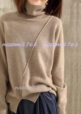 贅沢な上質カシミヤ90％★大人のゆるかわスリット入りハイネックニットチュニック♪モカM