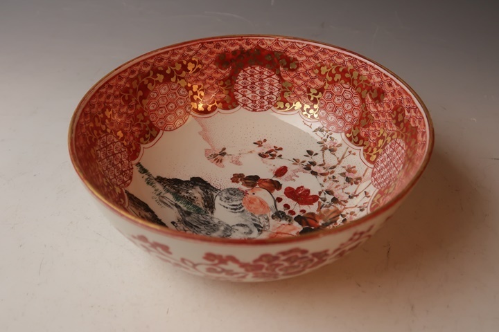 遅日亭】古九谷 飯山製 赤絵 鴛鴦文 七寸鉢 無傷 明治時代