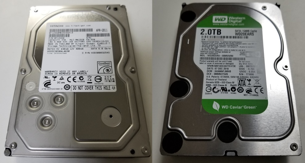 低頻度 使用100時間 ”注意”HDD 日立 3TB， WD 2TB 2個セット(計5TB) 
