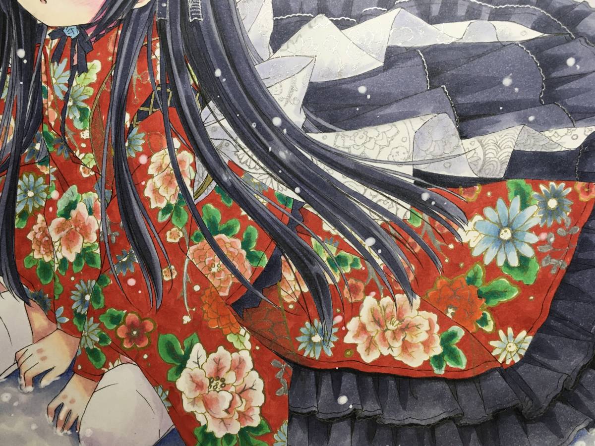 手描きイラスト オリジナル 「和ゴスの女の子」色紙イラスト(手描き