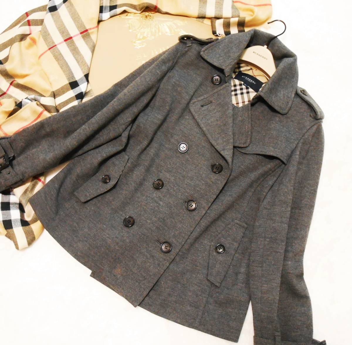 大きいサイズ 美品 BURBERRY バーバリー ロンドン ジャケットコート ピーコート ショート丈 ノバチェック チャコールグレー サイズ 15号46 