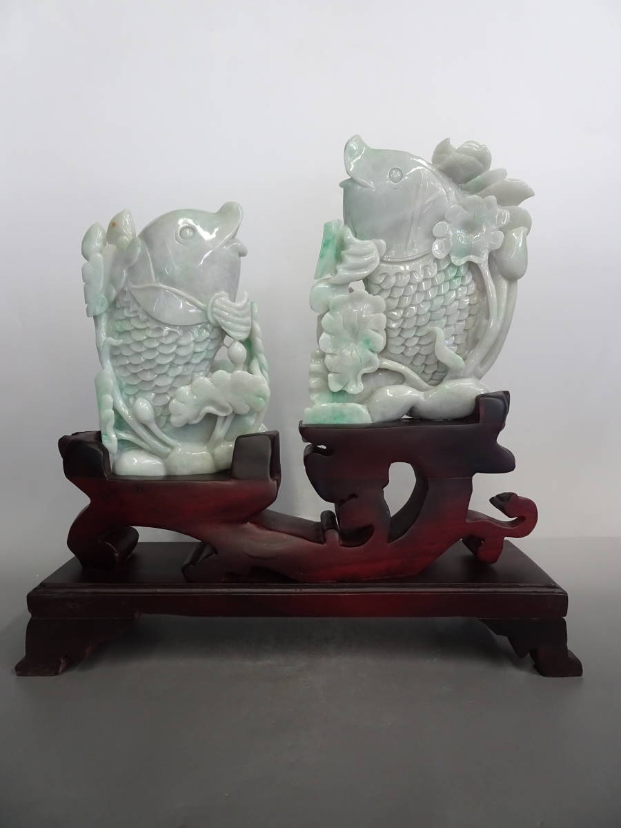 中国美術 T【唐物 天然本翡翠極上色双鯉蓮彫置物 波