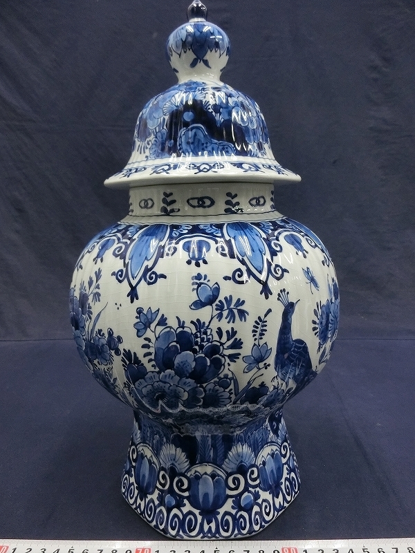 D0748 デルフト ブルー 花鳥文 蓋付壷 飾壺 36cm高 オランダ 【公式通販】