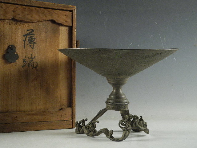 ◇栄◇古銅 鋳銅 池坊 中国 荒波台 薄端 立花 花入 17.5cm 江戸期 44y8