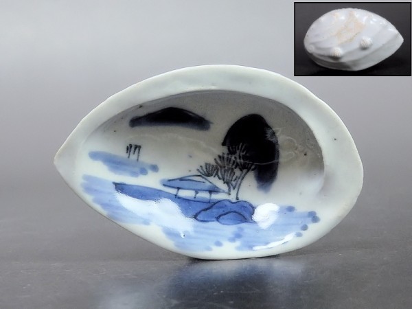 古伊万里 染付 染 梅形ナマス皿 D204 杜 PP4085 5客 楼閣山水