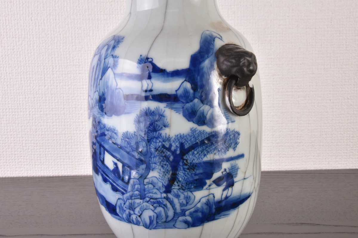 AS】【染付・青花コレクター収蔵品】染付、青花山水人物紋獅子双耳花瓶