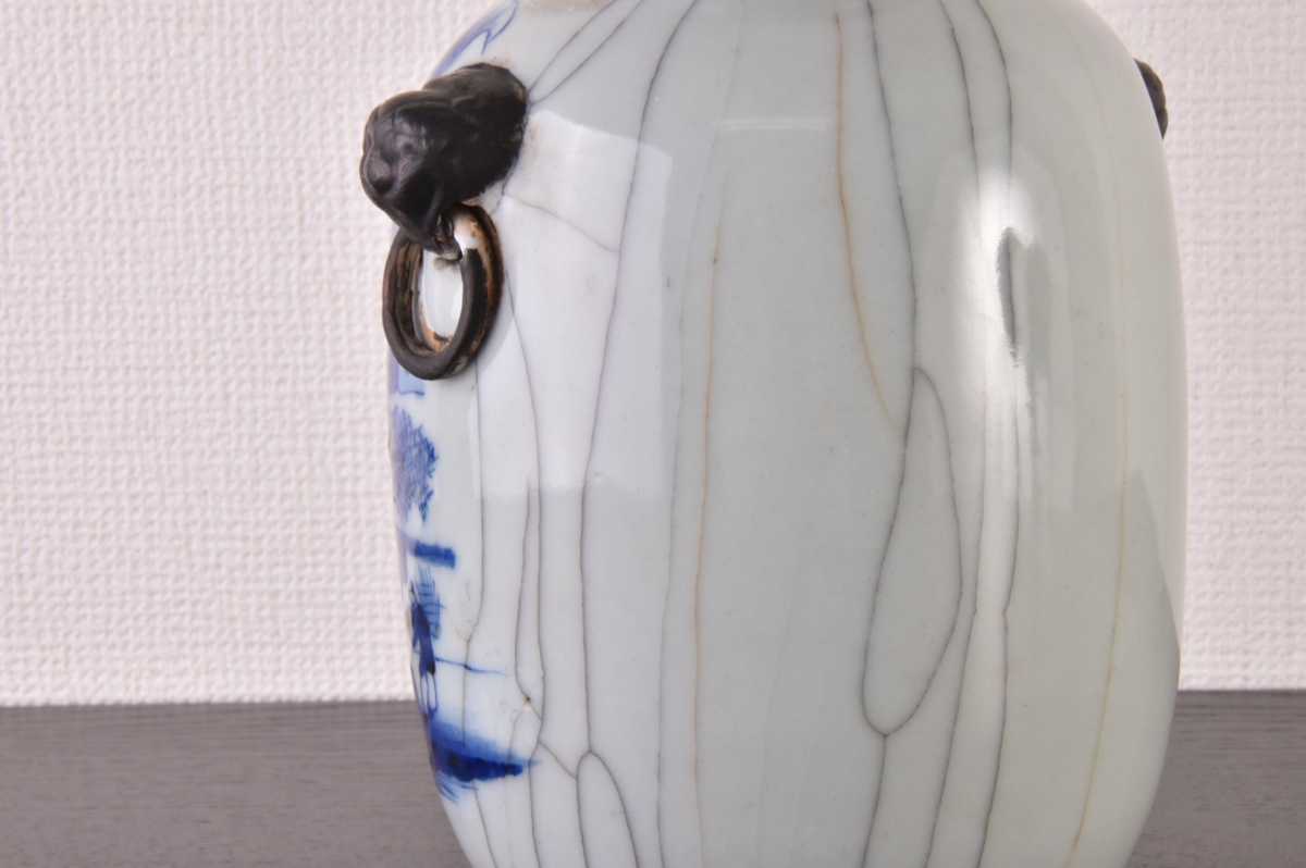 AS】【染付・青花コレクター収蔵品】染付、青花山水人物紋獅子双耳花瓶