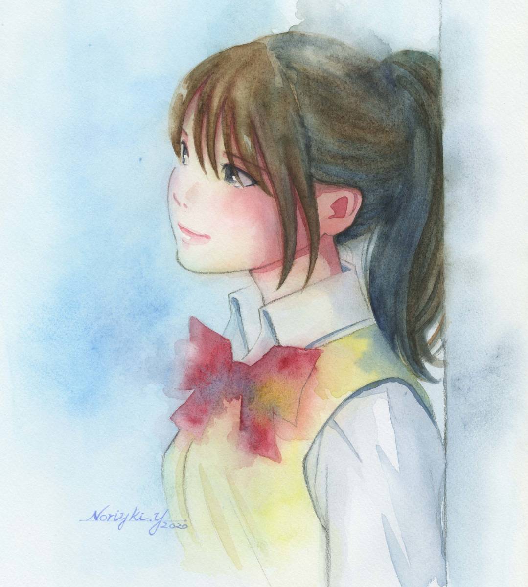 漫画家 山花典之 【真作 美少女 水彩画】 制服の少女 オリジナル描き