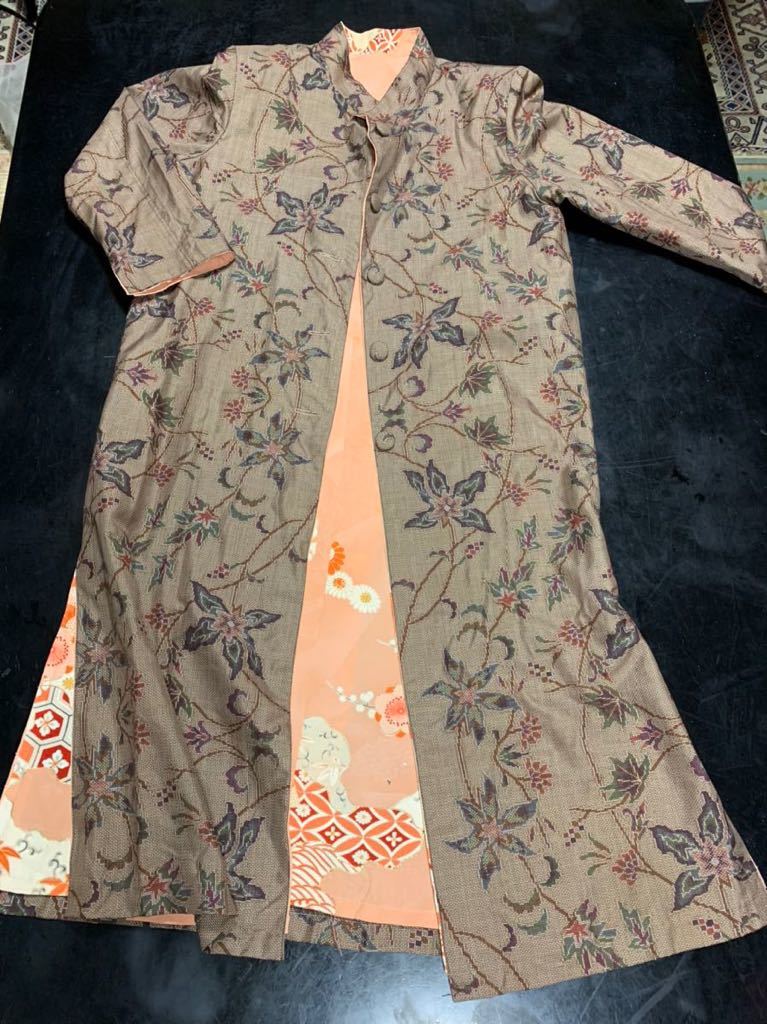 着物リメイク 大島紬 コート 草木柄 リバーシブル ロング マキシ 専用