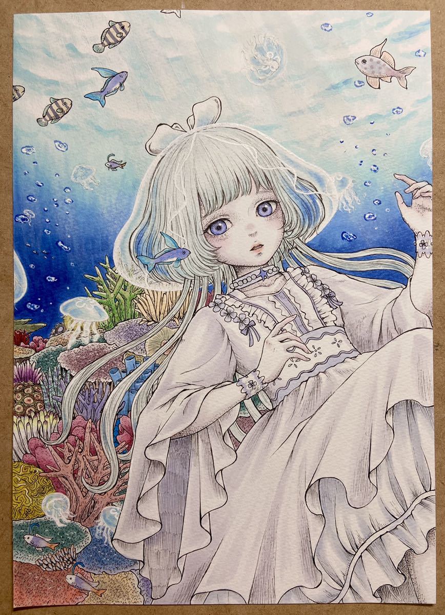 オリジナル B5 サイズ クラゲ 女の子 手描き アナログ イラスト 手描き