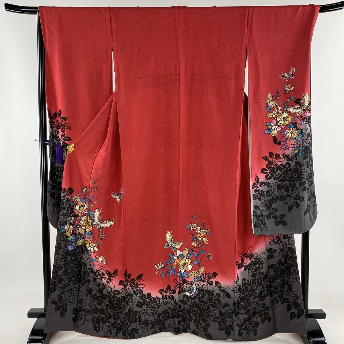 振袖 美品 秀品 蝶 草花 金彩 金通 赤 袷 身丈167cm 裄丈68cm L 正絹 