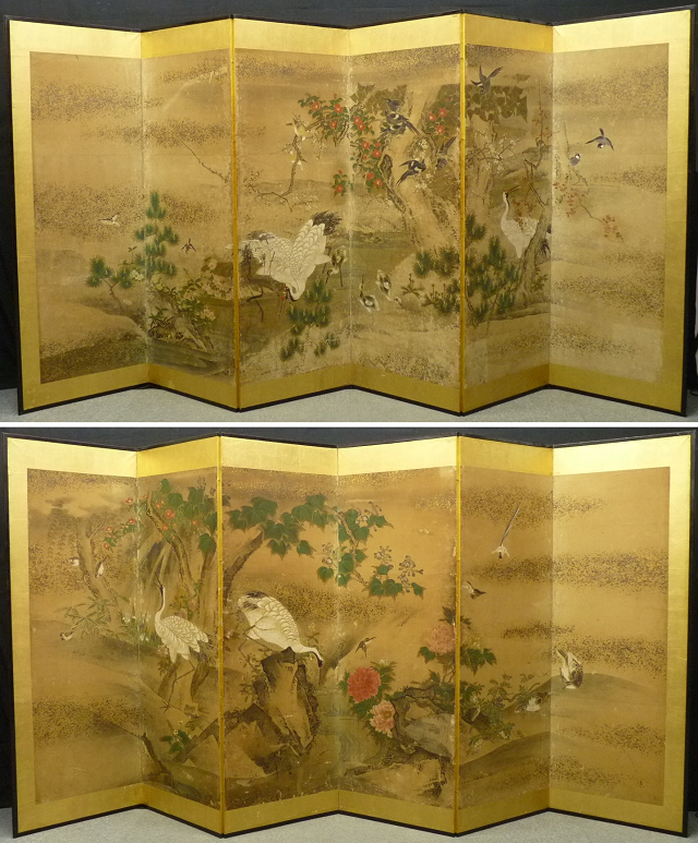 【模写】☆白虎☆豪華！金台花鳥図屏風　六曲一双　無落款 古美術 复制画艺术微喷《白虎》 のびる 江戸末頃 松竹梅に花鳥図 風華黃金畫-紫白丁香圖