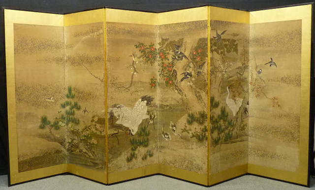【模写】☆白虎☆豪華！金台花鳥図屏風　六曲一双　無落款 古美術 复制画艺术微喷《白虎》 のびる 江戸末頃 松竹梅に花鳥図 風華黃金畫-紫白丁香圖