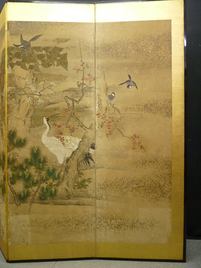 【模写】☆白虎☆豪華！金台花鳥図屏風　六曲一双　無落款 古美術 复制画艺术微喷《白虎》 のびる 江戸末頃 松竹梅に花鳥図 風華黃金畫-紫白丁香圖