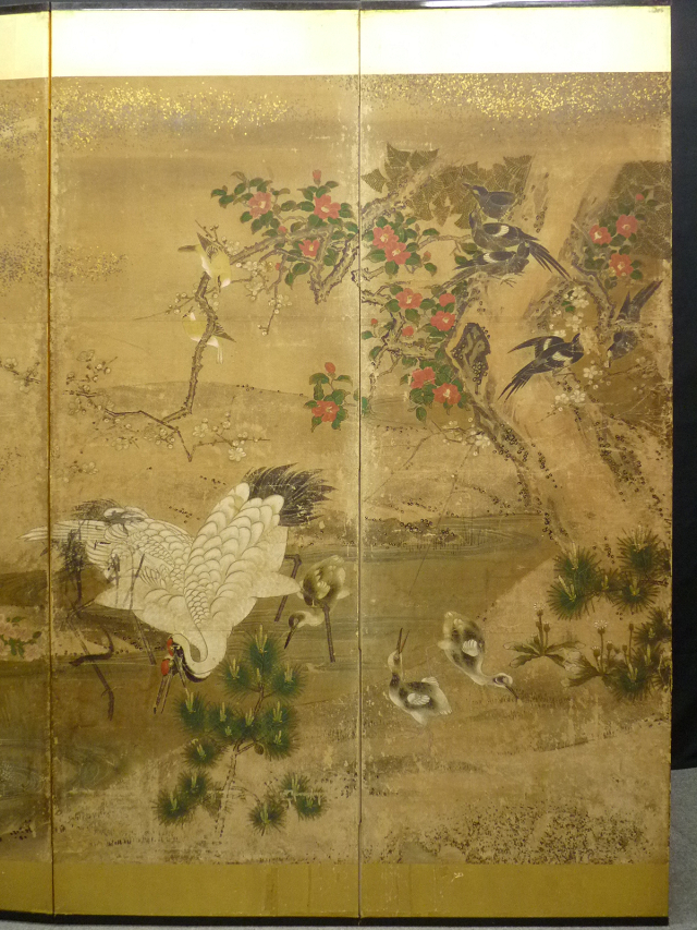 【模写】☆白虎☆豪華！金台花鳥図屏風　六曲一双　無落款 古美術 复制画艺术微喷《白虎》 のびる 江戸末頃 松竹梅に花鳥図 風華黃金畫-紫白丁香圖