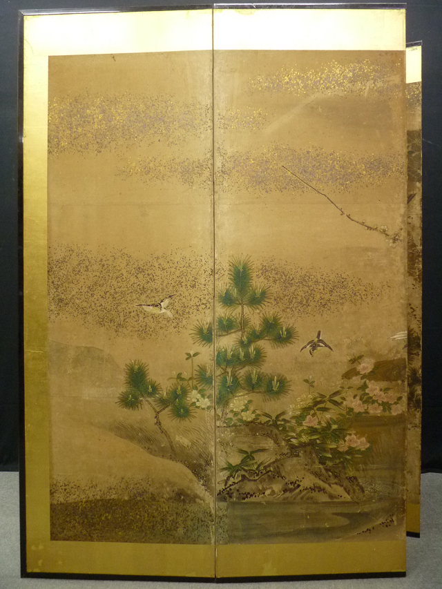 【模写】☆白虎☆豪華！金台花鳥図屏風　六曲一双　無落款 古美術 复制画艺术微喷《白虎》 のびる 江戸末頃 松竹梅に花鳥図 風華黃金畫-紫白丁香圖