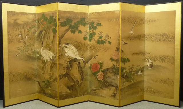 【模写】☆白虎☆豪華！金台花鳥図屏風　六曲一双　無落款 古美術 复制画艺术微喷《白虎》 のびる 江戸末頃 松竹梅に花鳥図 風華黃金畫-紫白丁香圖