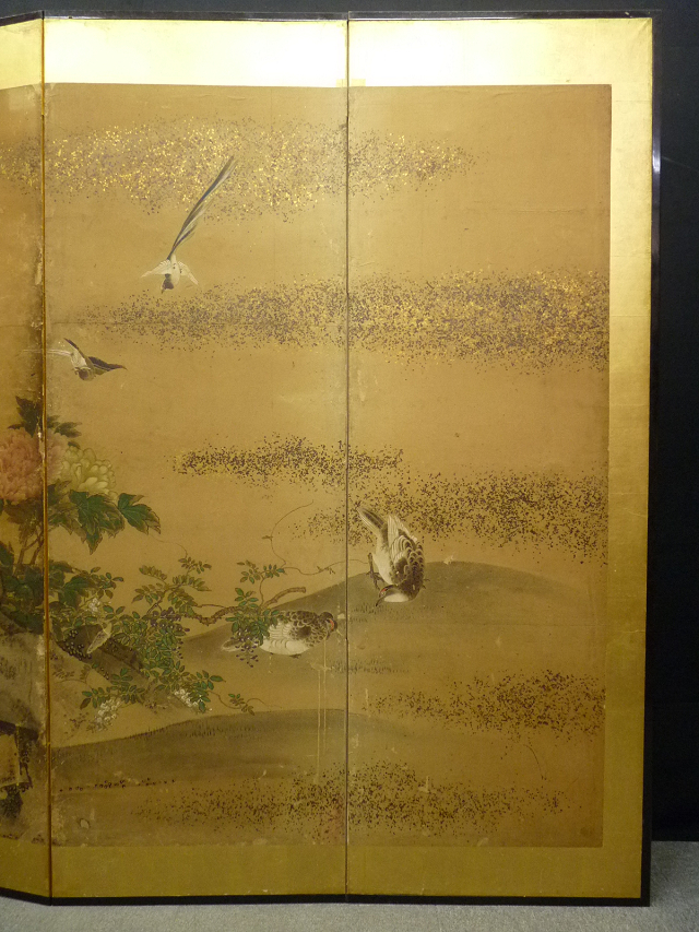 【模写】☆白虎☆豪華！金台花鳥図屏風　六曲一双　無落款 古美術 复制画艺术微喷《白虎》 のびる 江戸末頃 松竹梅に花鳥図 風華黃金畫-紫白丁香圖