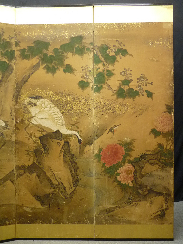 【模写】☆白虎☆豪華！金台花鳥図屏風　六曲一双　無落款 古美術 复制画艺术微喷《白虎》 のびる 江戸末頃 松竹梅に花鳥図 風華黃金畫-紫白丁香圖