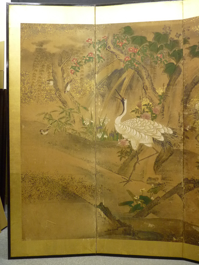 【模写】☆白虎☆豪華！金台花鳥図屏風　六曲一双　無落款 古美術 复制画艺术微喷《白虎》 のびる 江戸末頃 松竹梅に花鳥図 風華黃金畫-紫白丁香圖