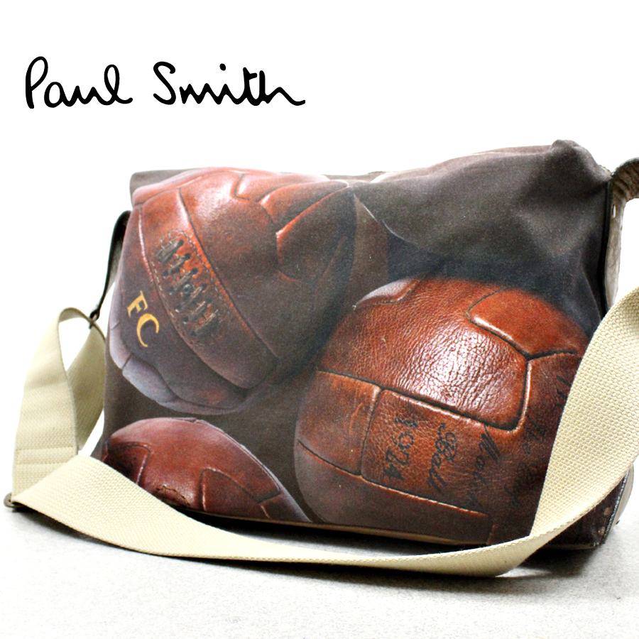 参考価格￥34，560- 美品 Paul Smith ポールスミス 名作 バスケットボール 転写 牛革レザー x キャンバス ショルダーバッグ クロスボディ