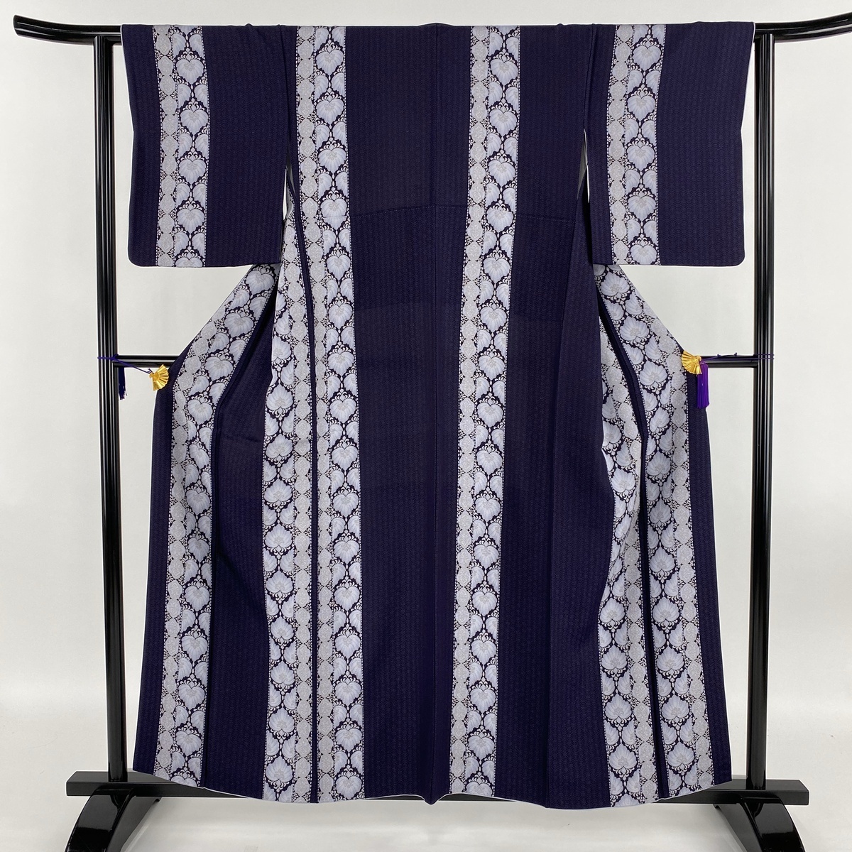 小紋 正絹 身丈157.5cm M 裄丈65.5cm 縦縞 紺色 薄物 袷 秀品