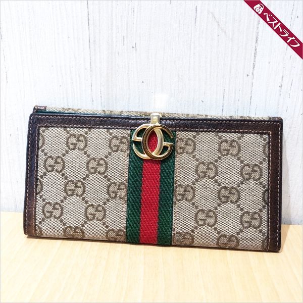 オールドグッチ 長財布 二つ折り シグネチャー GG柄 ゴールド金具