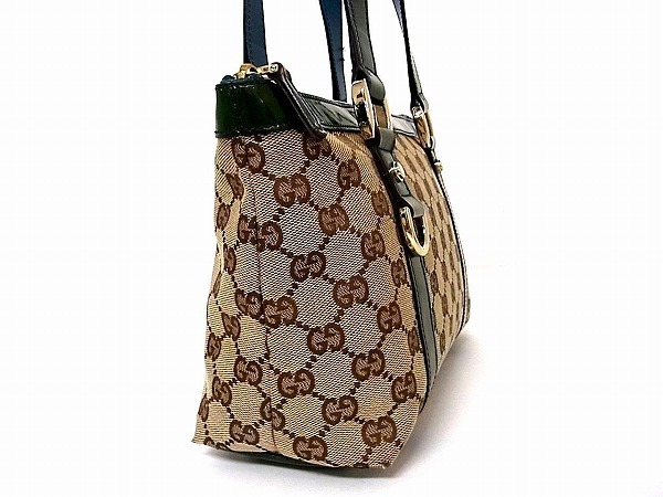 1円 ■美品■ GUCCI グッチ 141471 GG柄 GGキャンバス×パテントレザー ハンドバッグ トートバッグ カーキ系×グリーン系 I3935Wk