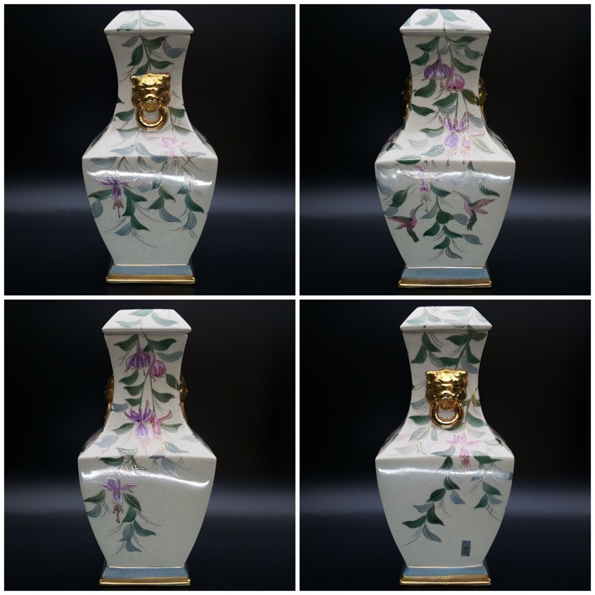 宝蔵】豪華絢爛 明治期 薩摩焼 丸十字家紋 四方金獅子花文飾壺 35cm