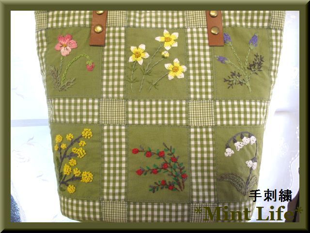 Mint Life* ハンドメイド「パッチワークトートバッグ」 手刺しゅう