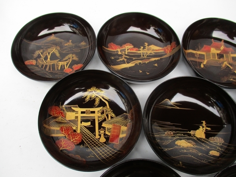 天然木製漆塗 菓子皿 時代蒔絵 黒塗金蒔絵 富士山 松と帆掛舟 漆器