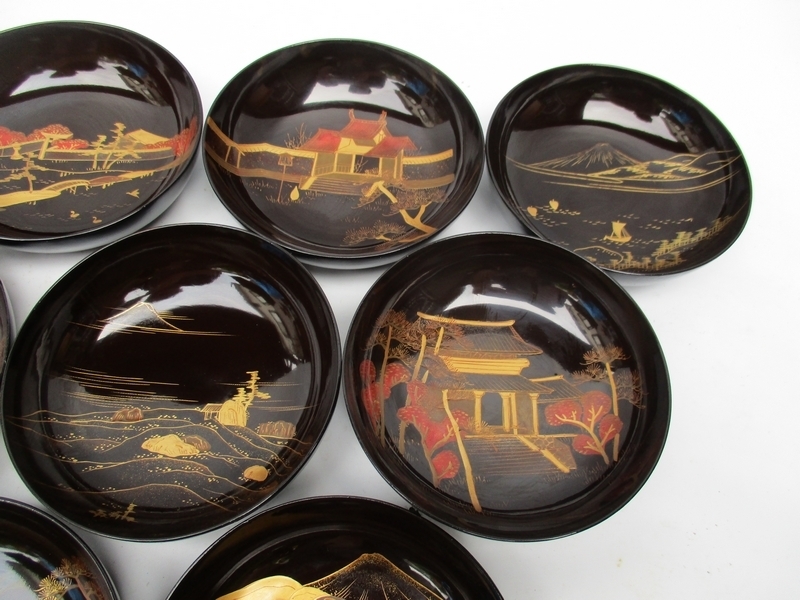 天然木製漆塗 菓子皿 時代蒔絵 黒塗金蒔絵 富士山 松と帆掛舟 漆器