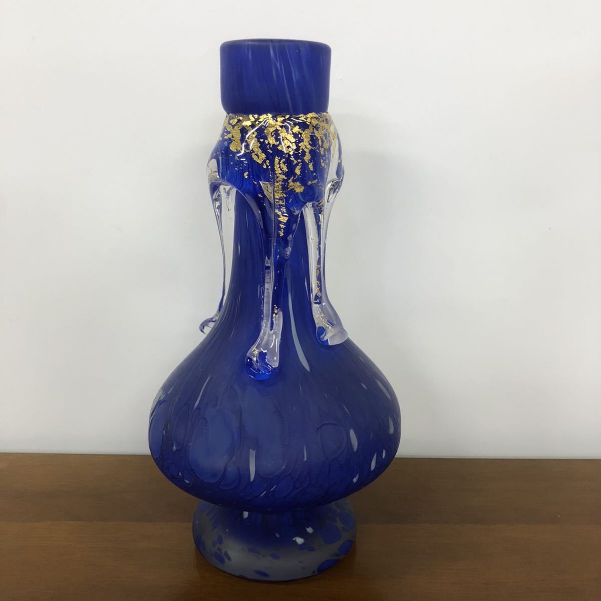 美品】ガラス工芸作家 藤田喬平作 手吹金彩硝子花瓶 『流光』 花生 