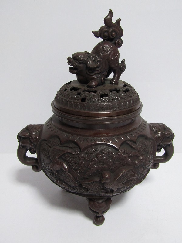 金工 銅製 獅子摘銀象嵌獅子耳三足香炉 時代物 【公式通販】