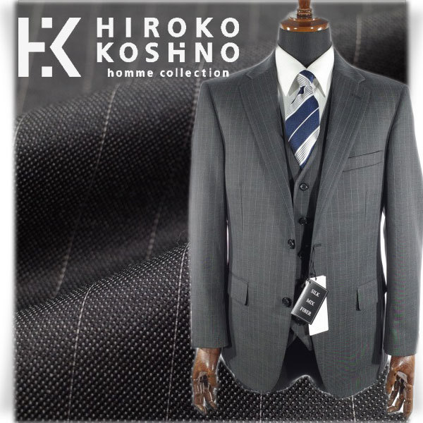 【赤字超特価，SALE】 1円 HIROKO KOSHINO ヒロコ コシノ 秋冬 ウール毛&times;シルク スリーピーススーツ 92A5 グレー ストライプ ノータック 総裏 3345(Mサイズ)｜売買されたオークション情報、yahooの商品情報をアーカイ Mサイズ