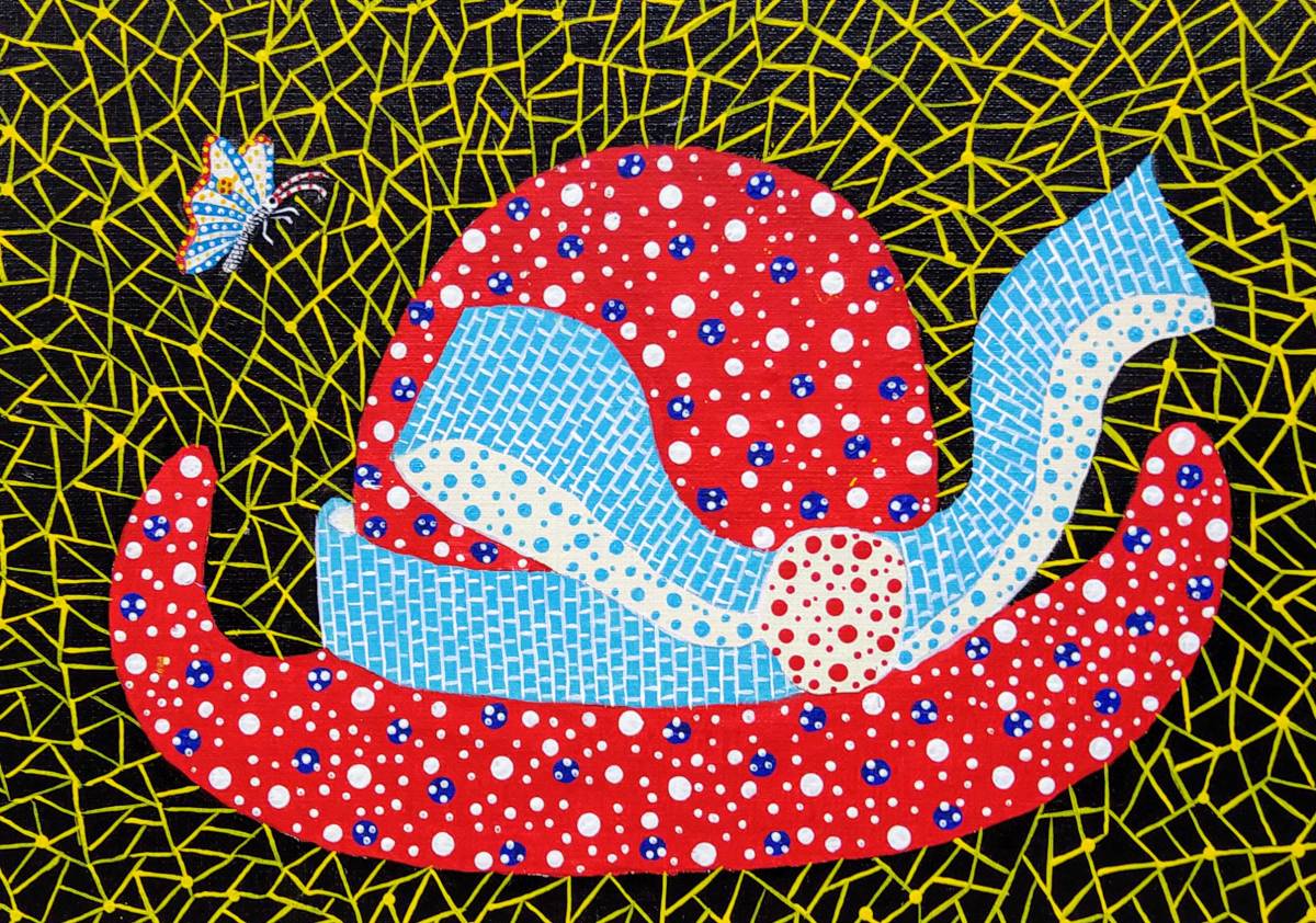 草間彌生【帽子】手描き肉筆保証/サイン有/アクリル/油彩/絵画/模写/F4