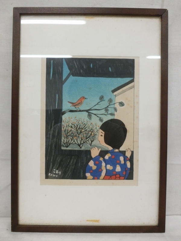 E3033 谷内六郎 「ことり」 木版画 額装 小品