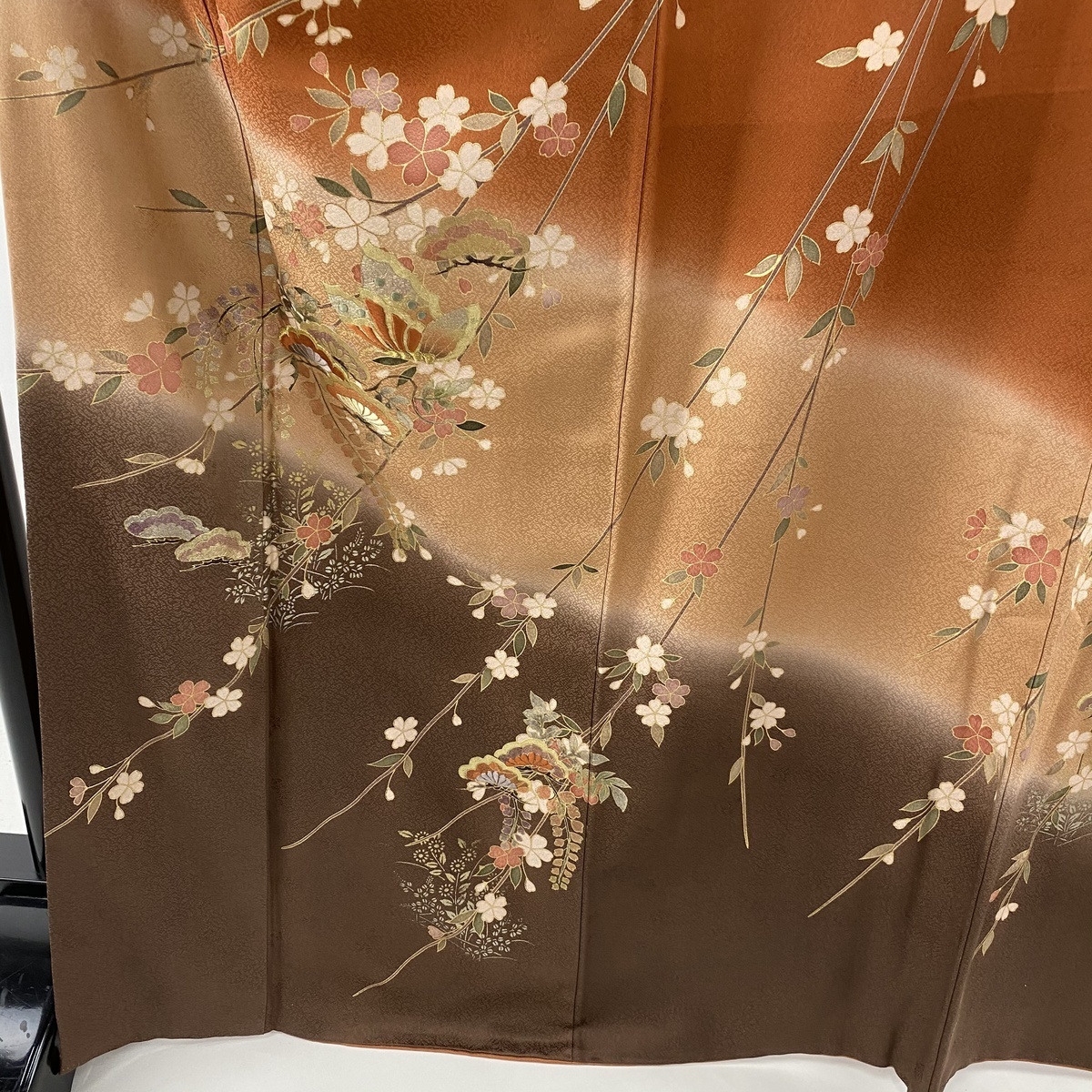 袷 金糸 振袖 枝垂れ桜 蝶 金彩 M S 正絹 身丈165cm 袋帯フルセット
