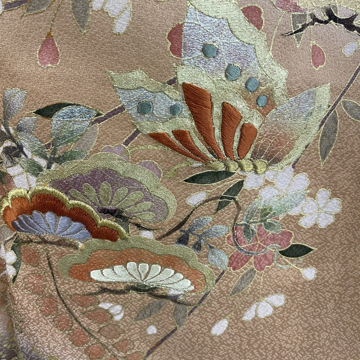 袷 金糸 振袖 枝垂れ桜 蝶 金彩 M S 正絹 身丈165cm 袋帯フルセット