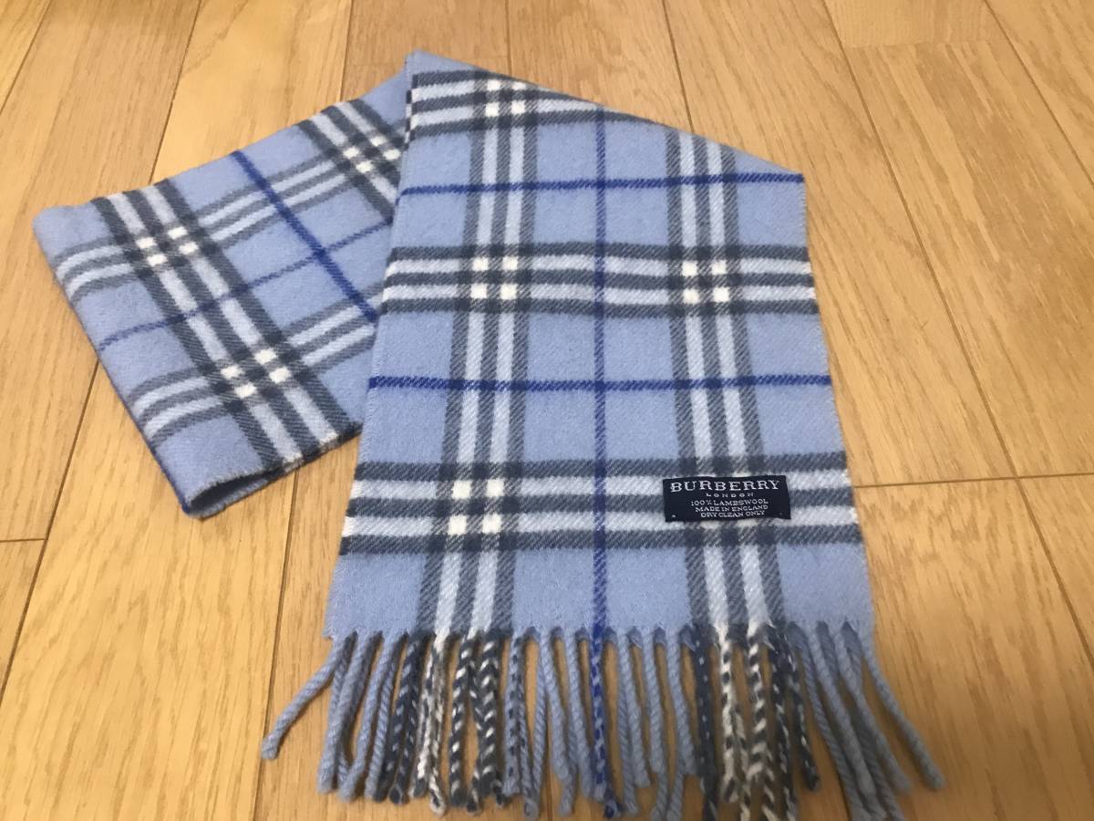 BURBERRY　バーバリー　マフラー　ラムウール100%　小さめマフラー　水色　送料無料!! BURBERRY マフラー バーバリー 100% ラムウール ウール100の通販