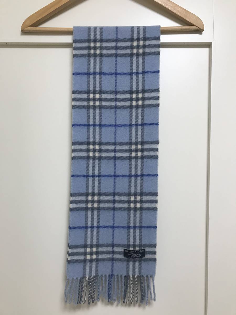 BURBERRY　バーバリー　マフラー　ラムウール100%　小さめマフラー　水色　送料無料!! BURBERRY マフラー バーバリー 100% ラムウール ウール100の通販