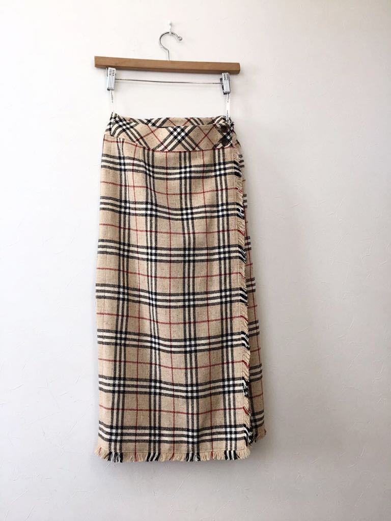 バーバリーロンドン ロングスカート チェック柄 リネン シルク 麻 美品  