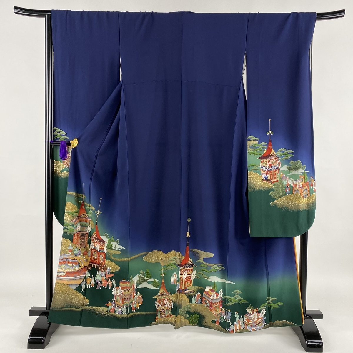 振袖 美品 名品 幾久重袖 祇園祭の風景 山鉾 金彩 染め分け 濃紺 袷 