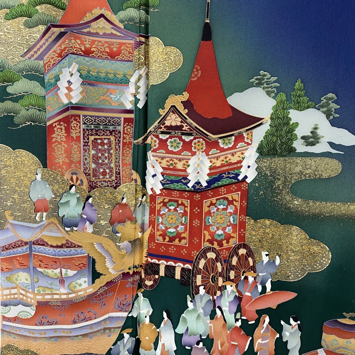 振袖 美品 名品 幾久重袖 祇園祭の風景 山鉾 金彩 染め分け 濃紺 袷 
