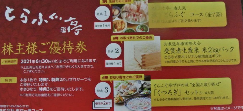 有効期限2021.6.30 東京一番フーズ 株主優待 1枚 とらふぐ亭