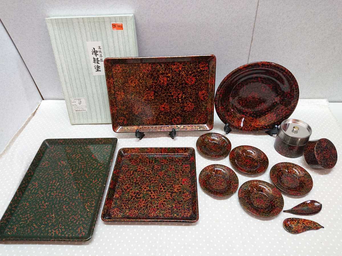 D2489 津軽塗 七々子塗 茶器揃 茶櫃 茶筒 茶托 急須台 茶匙 木製漆器