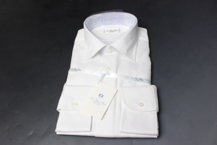 送料370円/新品「HITOYOSHI」人吉　高級綿100%/形態安定/セミワイド長袖ドレスシャツ　41-84　白織柄/ ラフェッタブルーLFTG-SW-107(3A195